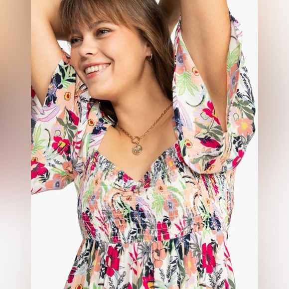 ROXY‎ Golden Dawn Smocked A-Line Mini Dress in Ash Rose Wallflower Size Large - Picture 3 of 16